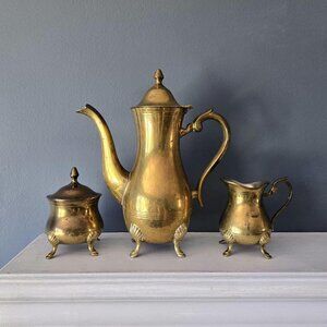 Vintage Brass Coffee Set Tall Pot, Cream & Sugar Dish Made in India Gold Metal